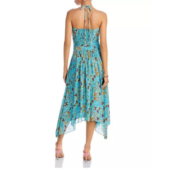 A.L.C. VIOLET BLUE TEAL SILK PRINTED HALTER SLEEVELESS ASYMMETRIC MIDI DRESS - Picture 4 of 9